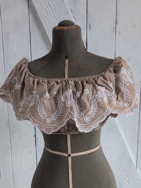 Embroidered Off-Shoulder Crop Top in Taupe